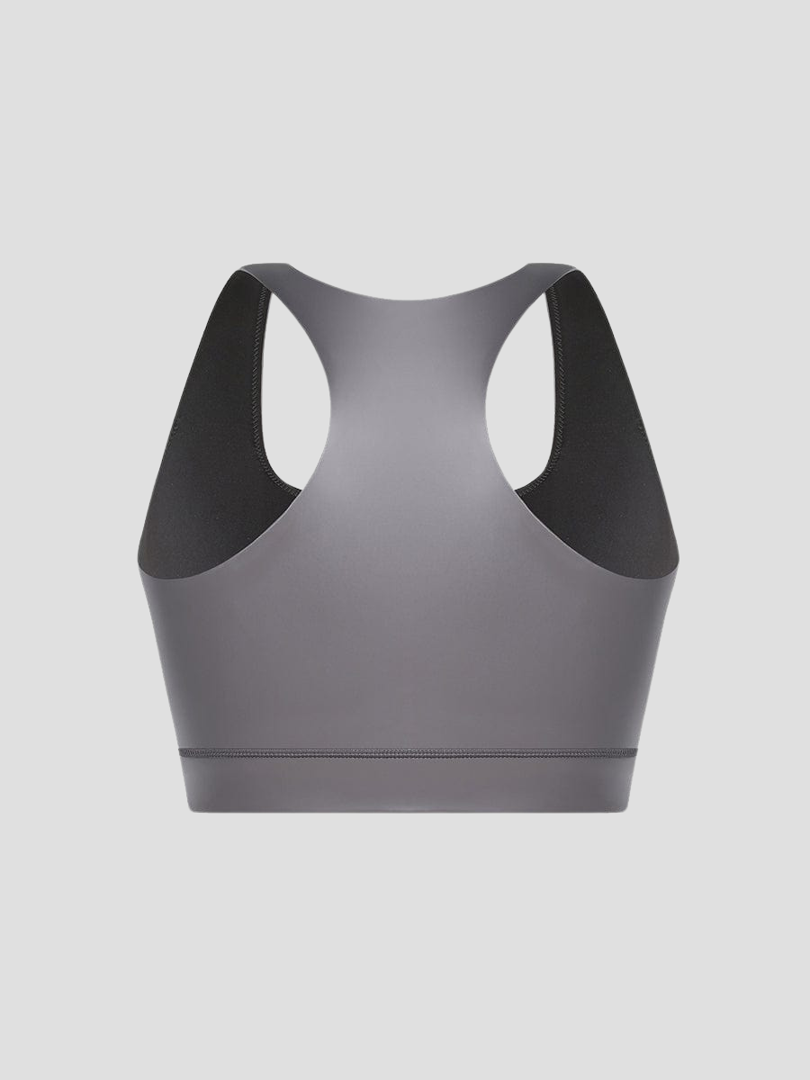 Close up of a silver neoprene sauna sports bra by BodyFexx from the back.