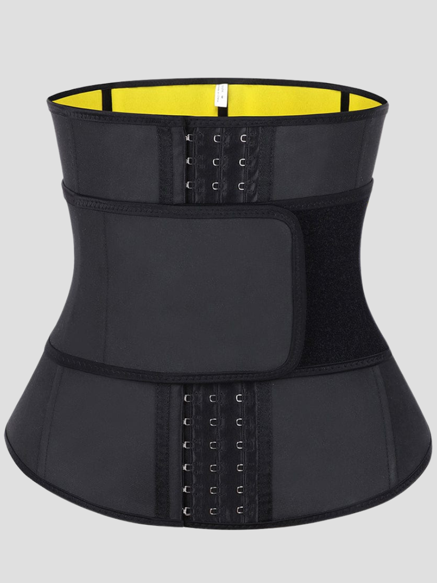 Close up view of a black activewear sauna waist trainer with a corset-style hook-and-eye closure and a Velcro belt with a yellow neoprene lining.