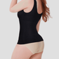 Woman wearing a black shaping tank top by BodyFlexx Shapewear and beige underwear showing off her curves.