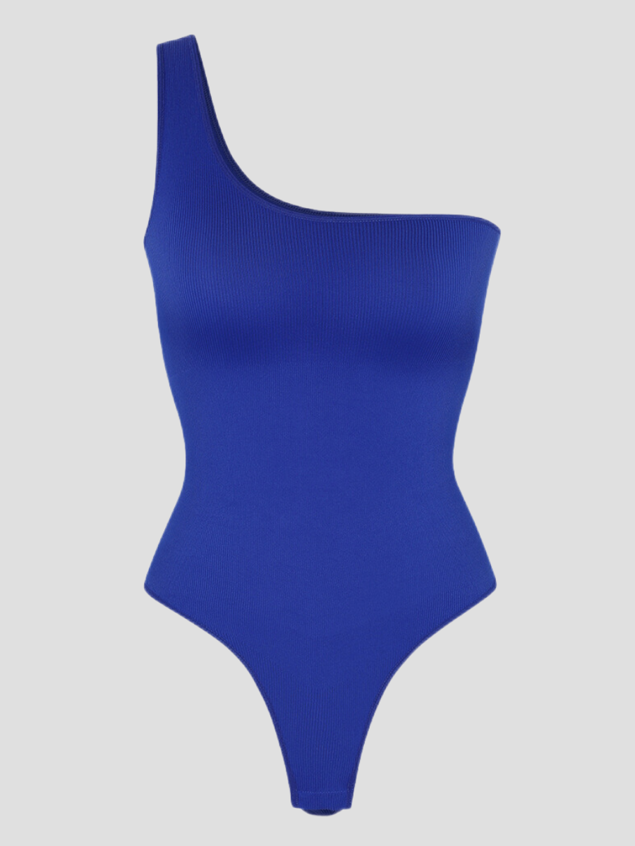 A royal blue off-the-shoulder-asymmetric shapewear bodysuit with built-in tummy control and a button thong back design for bathroom convenience.