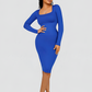Woman wearing a long sleeve blue midi sculpting dress by BodyFlexx Shapewear.