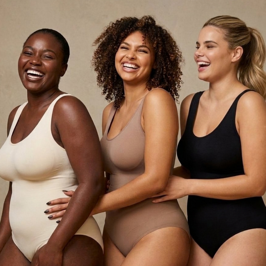 Three women smiling and posing together while wearing seamless bodysuits in three different colors: off-white, tan, and black. They are set against a solid warm beige studio background.