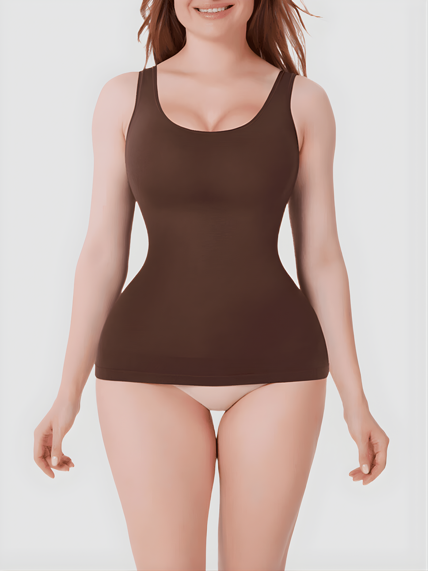Woman wearing a brown shapewear tank top by BodyFlexx on a white background.