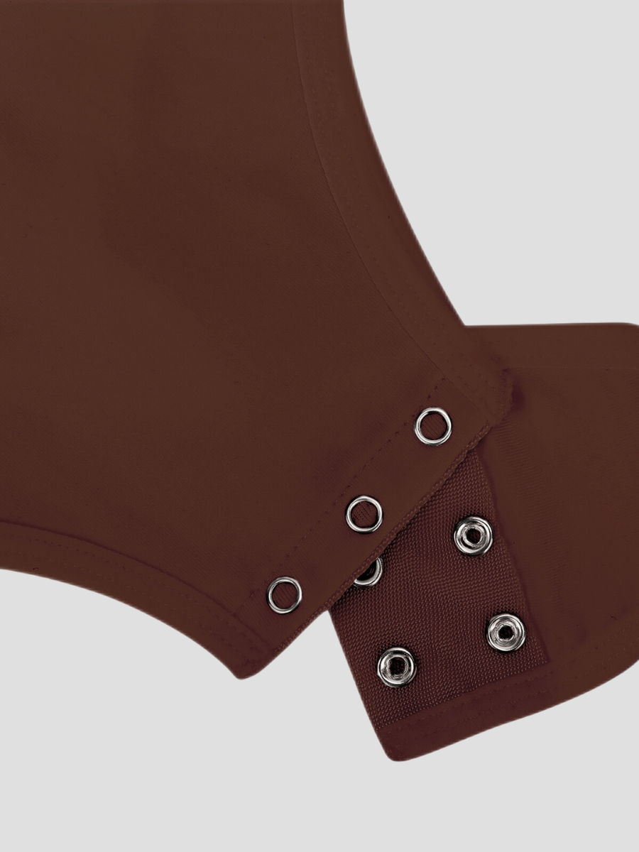 Close-up of the triple button crotch closure designed for bathroom convenience on a brown halter shapewear bodysuit.