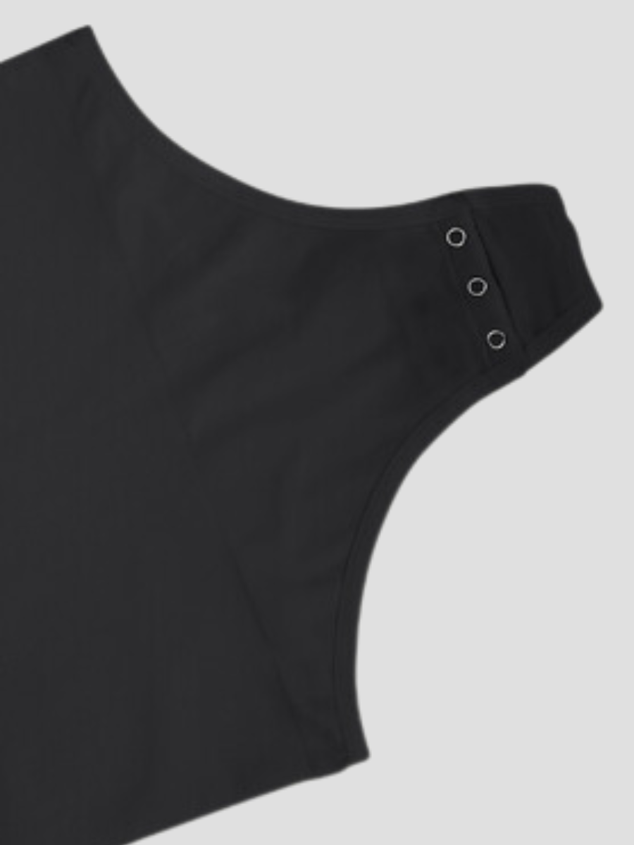 Close-up of the triple button crotch closure designed for bathroom convenience on a black halter shapewear bodysuit.
