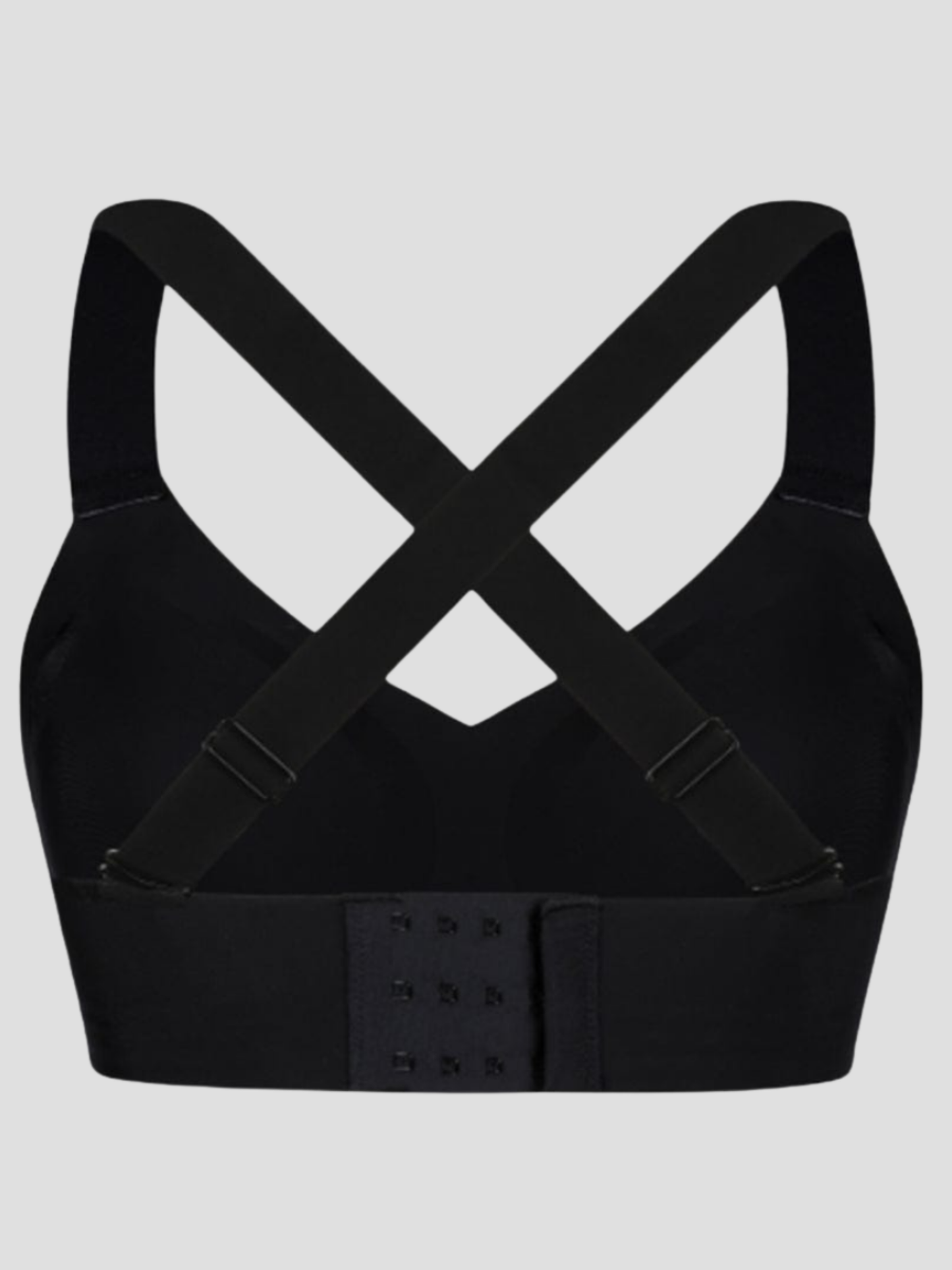 Close up of a wireless, seamless black t-shirt bra from the back with wide adjustable straps and removable padding.