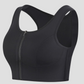 Black full coverage zippered sports bra designed with removable bra padding and full coverage to ease pain and provide posture correction.