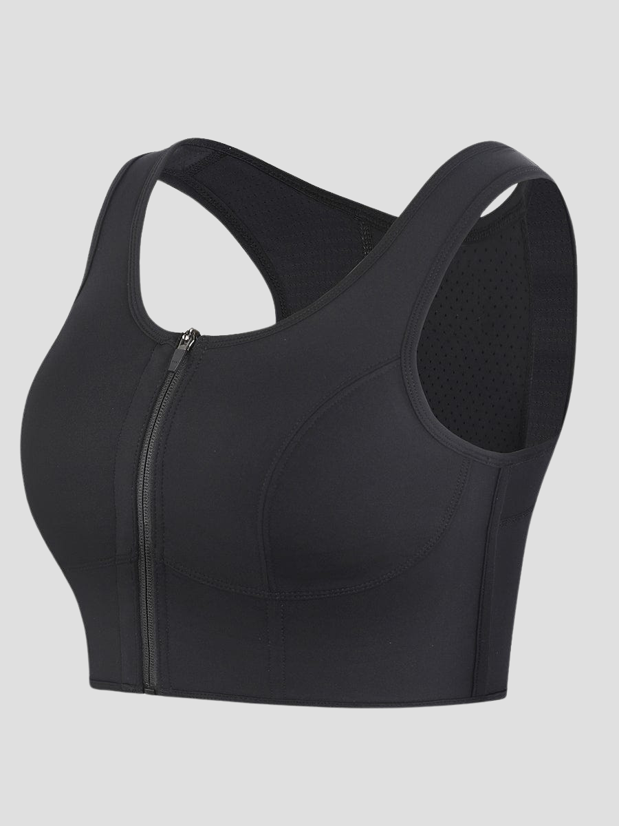 Black full coverage zippered sports bra designed with removable bra padding and full coverage to ease pain and provide posture correction.
