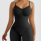 Woman wearing a black high compression mid-thigh bodysuit shaper by BodyFlexx Shapewear.