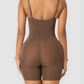 Woman wearing a brown bodysuit shaping garment designed by BodyFlexx Shapewear