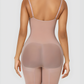 Woman wearing a nude mid-thigh full bodysuit shaper with an open crotch by BodyFlexx Shapewear.