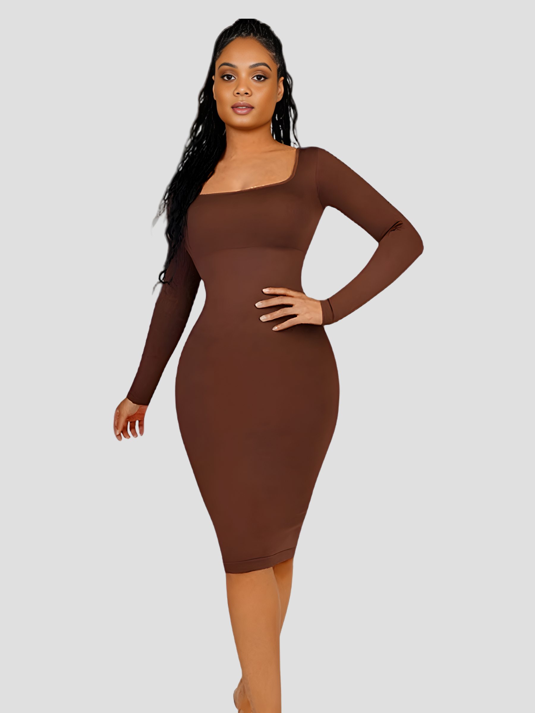 Woman wearing a knee-length long sleeved brown sculpting dress by BodyFlexx Shapewear.