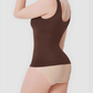 Woman wearing a brown shaping tank top by BodyFlexx Shapewear and beige underwear.