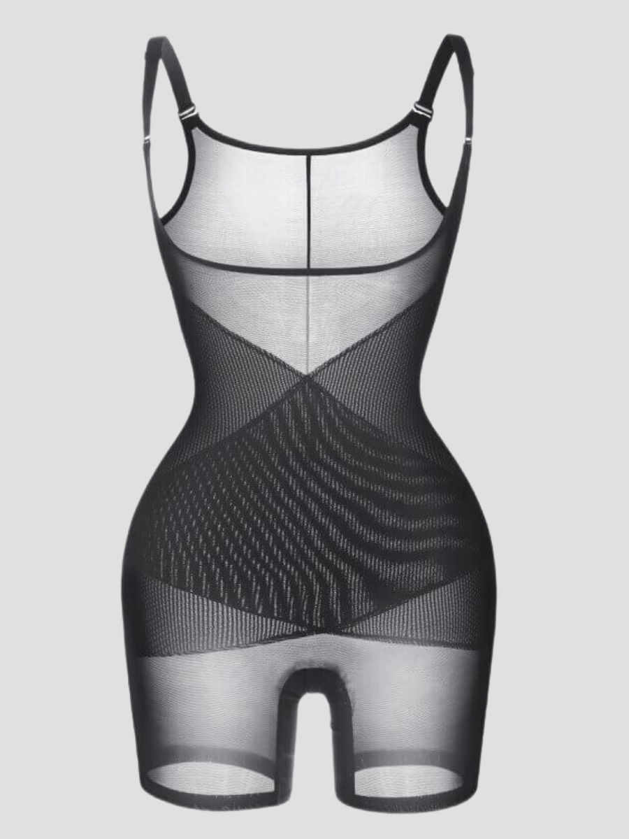 Close up of sheer black bodysuit shapewear to demonstrate the unique crisscross shaping panels design.