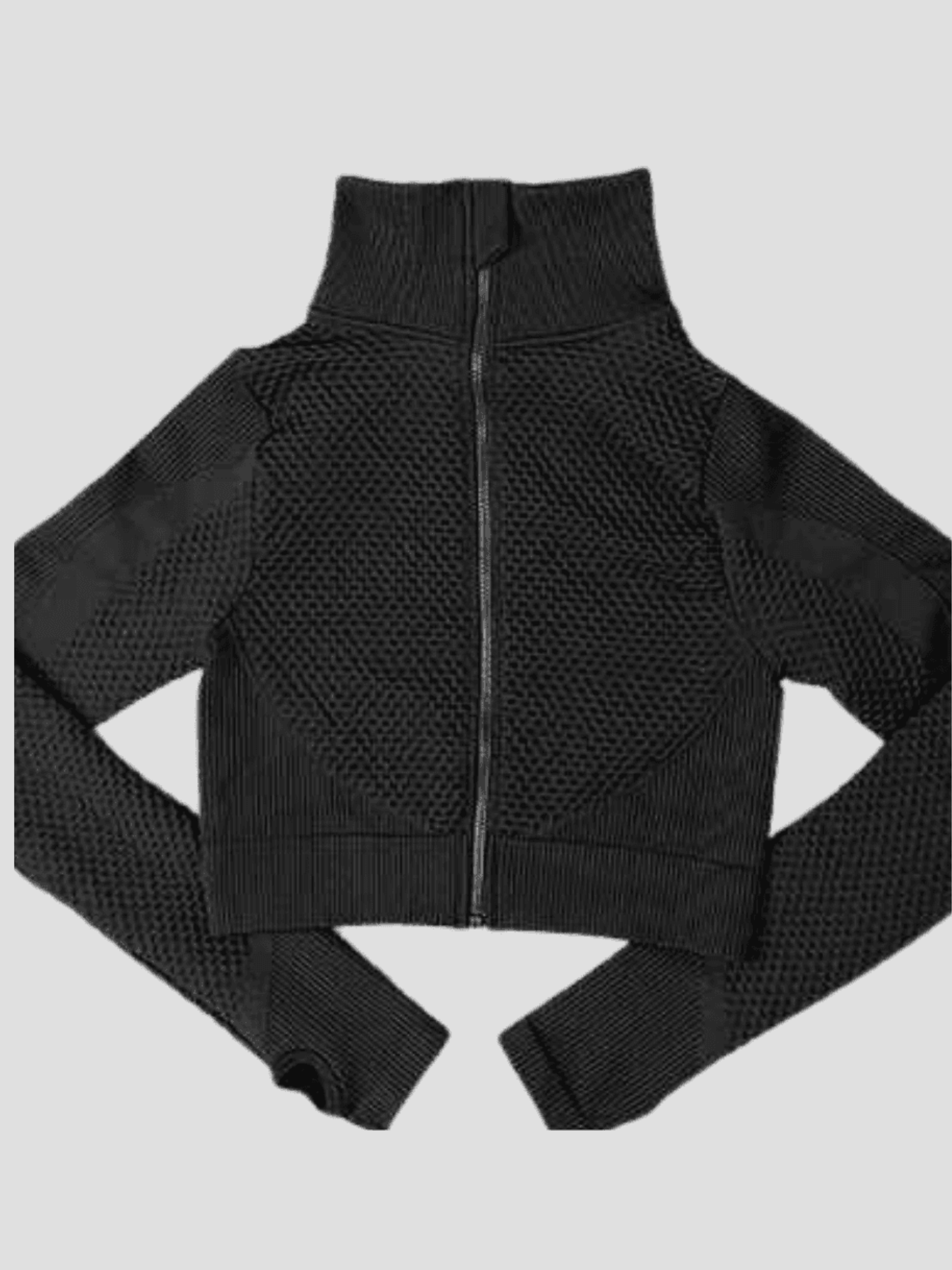 Black textured zip-up activewear jacket designed by BodyFlexx Shapewear.