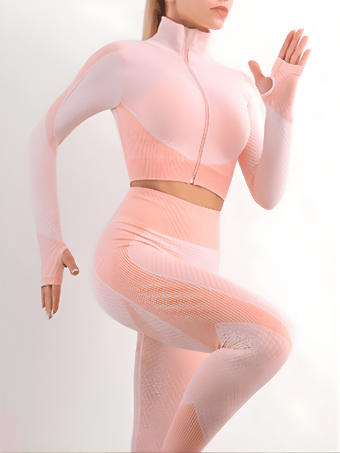Fitness model posing in a pink zippered cropped activewear BBL jacket with matching leggings.