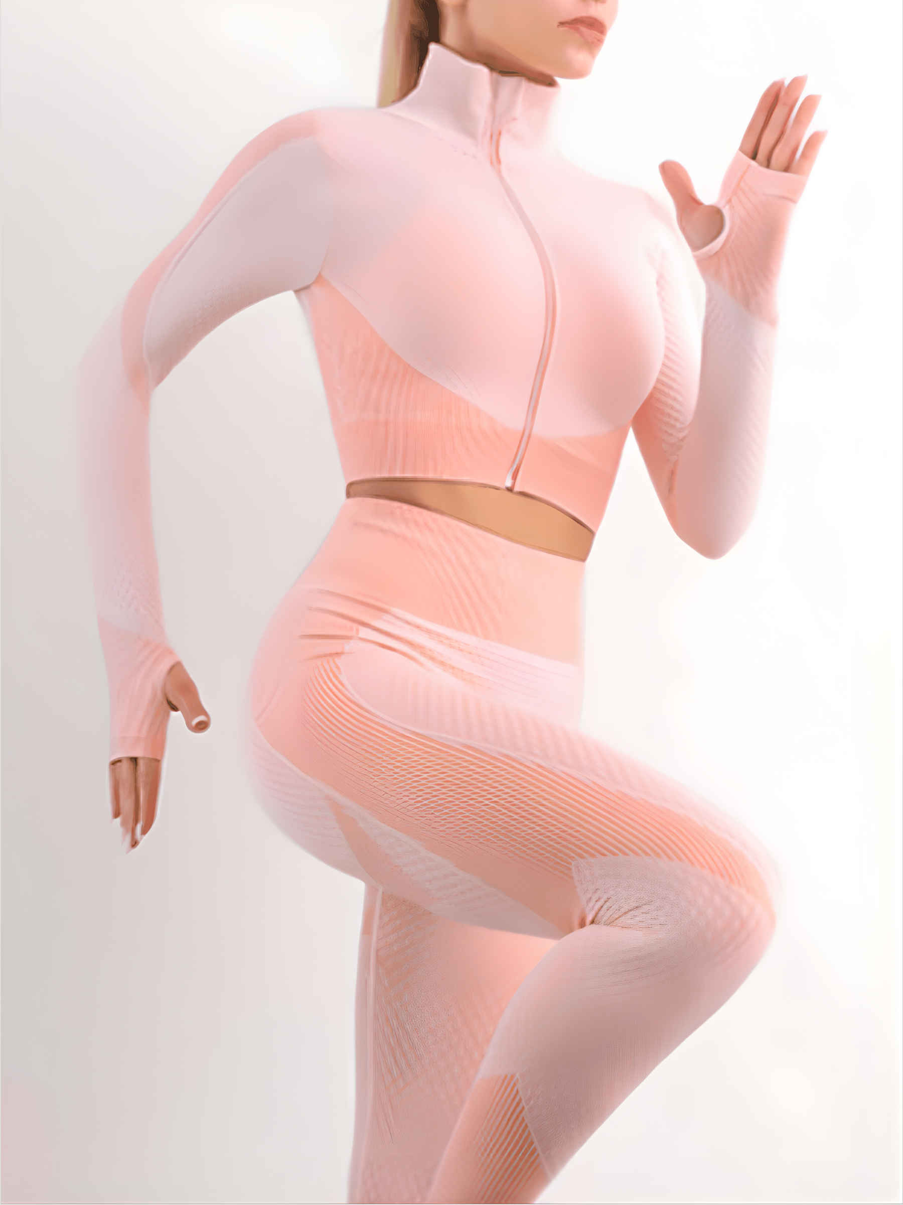 Fitness model posing in a pink zippered cropped activewear BBL jacket with matching leggings.