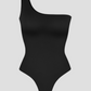 Black off-the-shoulder shaping bodysuit with built-in shapewear for full waist and tummy-control and a button crotch.