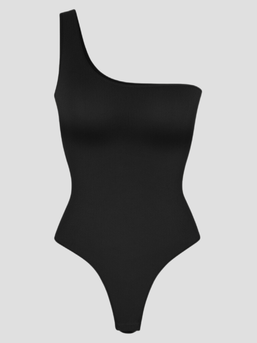 Black off-the-shoulder shaping bodysuit with built-in shapewear for full waist and tummy-control and a button crotch.