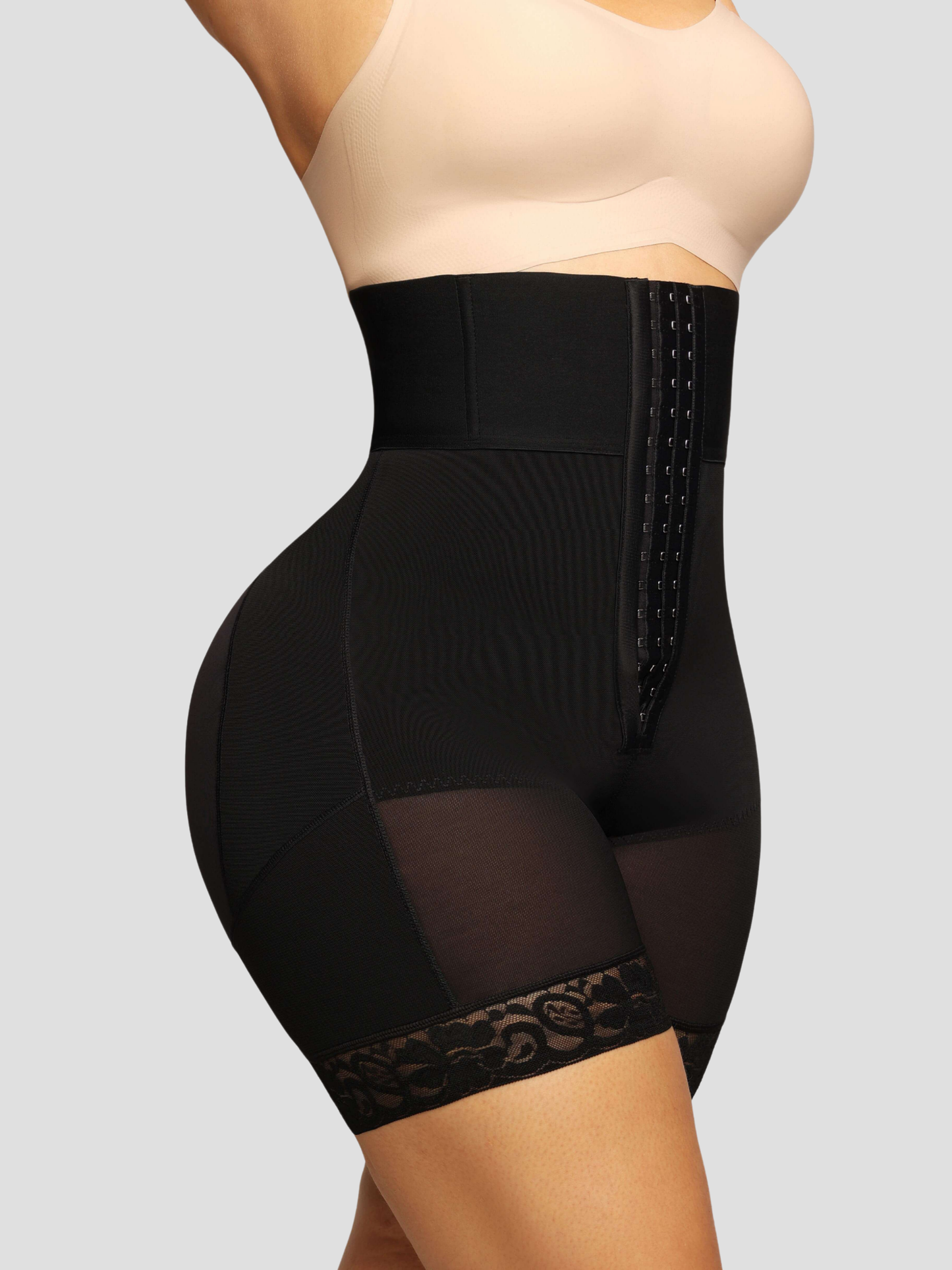 Black BBL-Effect Columbian faja mid-thigh corset shaper with lace trim by BodyFlexx Shapewear.