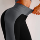 Woman wearing high waisted black and silver gray patterned color block leggings with tummy control by BodyFlexx.