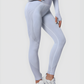 Woman wearing high waisted silver gray patterned textured leggings with tummy control by BodyFlexx.