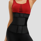 Woman wearing a black neoprene-lined sauna waist trainer with a 3-level front corset closure and a wide Velcro belt.