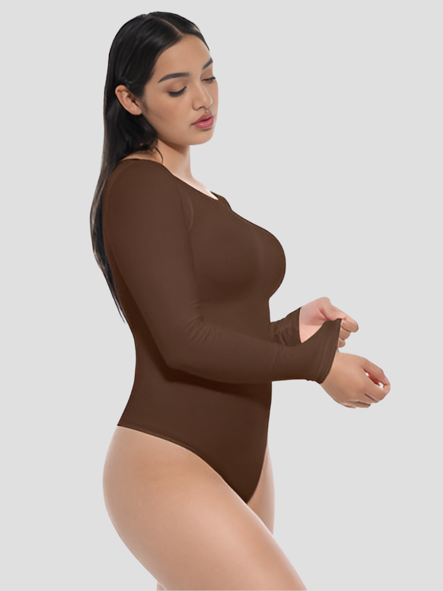 Woman wearing a brown long-sleeve tummy-control shapewear bodysuit top by BodyFlexx.