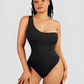 Woman posing wearing a black off-the-shoulder shaping bodysuit with built-in shapewear for tummy-control and hourglass curves.