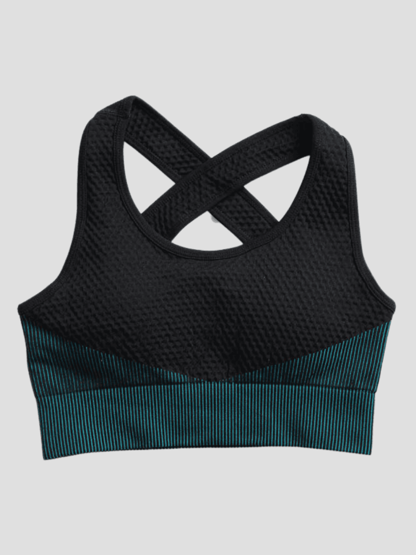 Textured black and teal sports bra with removable padding and criss-cross straps.