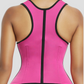 Sauna activewear vest worn by a young woman showing close up from the back view showing a racerback design in hot pink and black.