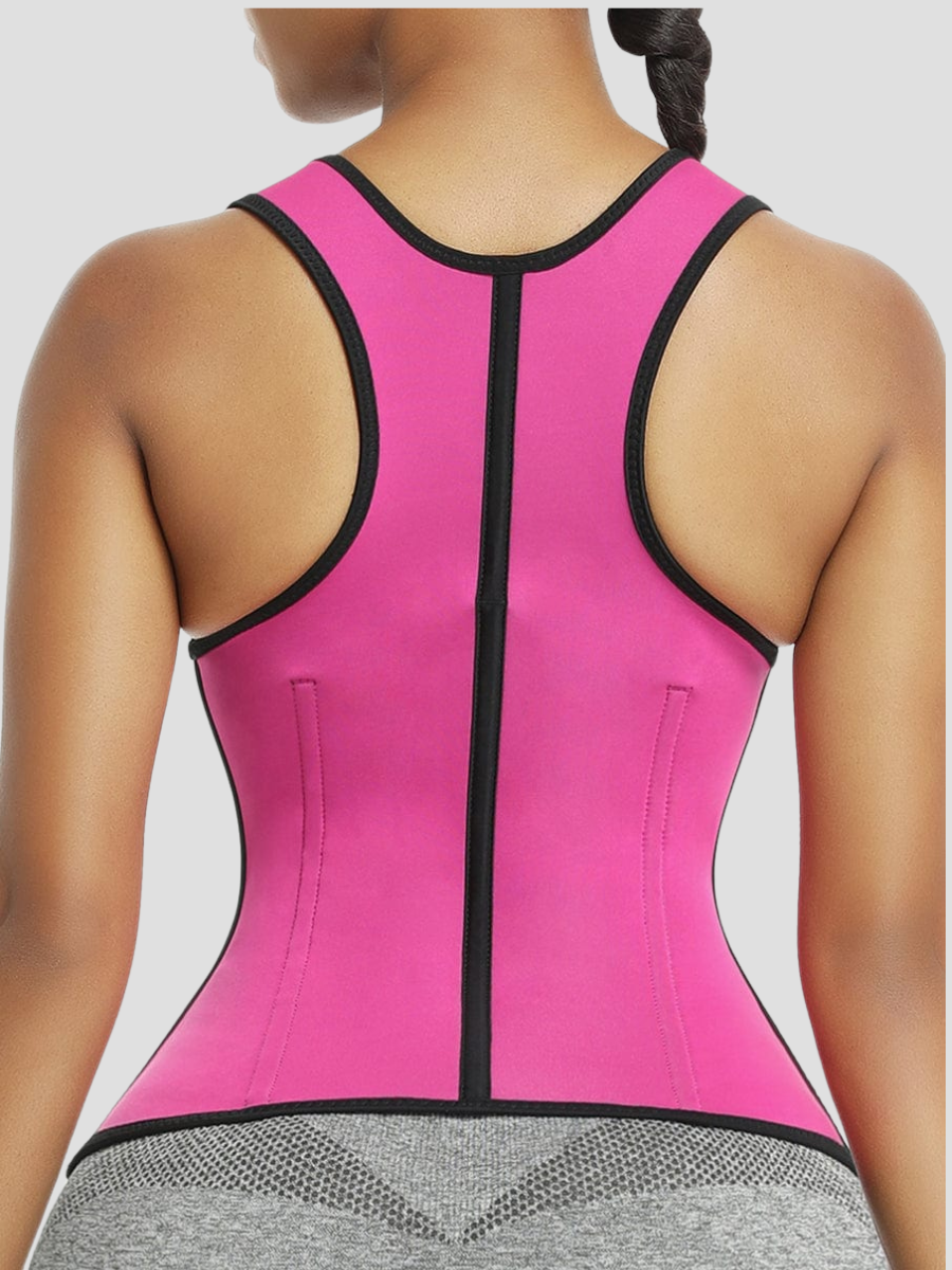 Sauna activewear vest worn by a young woman showing close up from the back view showing a racerback design in hot pink and black.