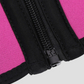 Close up view of the zipper on a sauna neoprene-lined activewear vest zipper. The vest is hot pink and black.