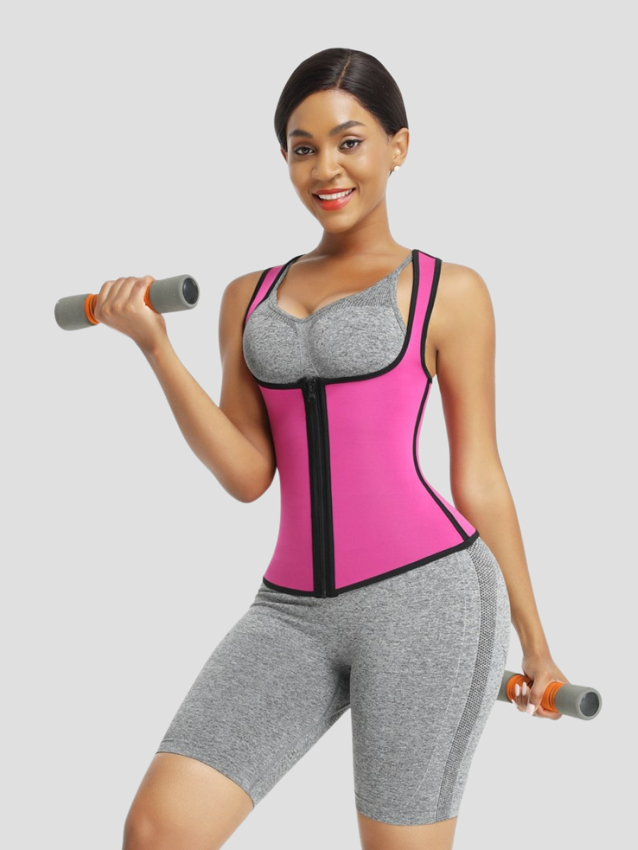 Sweat Belt Activewear, Zippered Neoprene Vest, Sauna Vest, Pink Sauna Top, Weight Loss Activewear, Weight Loss Vest, sauna top, Sweat Belt, Sauna Activewear, workout clothes for women, sweat-wicking, cellulite smoothing, waist cinching, BBL, seamless, squat proof, plus size gym outfits, high waisted, breathable, nike, adidas, puma, champion, bombshell activewear, gymshark women, Girlfriend Collective, lululemon, Athleta, Athletica, Fabletics.