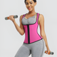 Woman wearing a pink and black sauna  activewear vest with a waist trainer working out with dumbbells on a light gray background