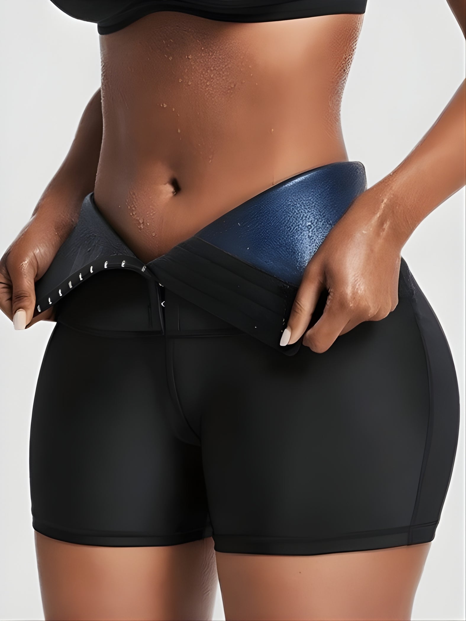 Woman wearing black BodyFlexx Waist-Training Sauna Shorts with a corset closure showing a sweaty stomach after a workout.
