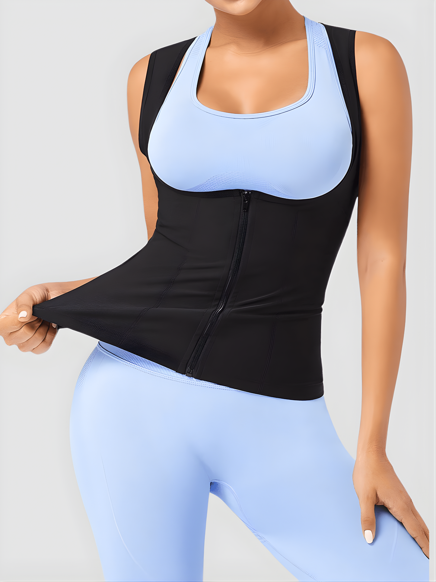 Woman wearing a neoprene-lined sauna vest by BodyFlexx over a blue activewear outfit.