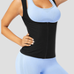 Person wearing a black sauna activewear vest by BodyFlexx over a light blue activewear outfit after a workout.