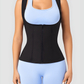 Person wearing a zippered neoprene-lined sauna vest to help with weight loss over a light blue activewear outfit.