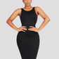 Shapewear dress, shaping dress, sleeveless, black shaper dress mid-calf padded bra shapewear, Outerwear shapewear, shapewear outerwear, Waist cinching, Waist snatching, snatched, Hidden shapwear, built-in shapewear, shapewear technology, stretchy, compression, arm slimming, tummy control, body contouring, best shapewear for women, shapewear on sale, Canadian shapewear brand, skims, spanx, popilush, shapermint. Feelin girl.