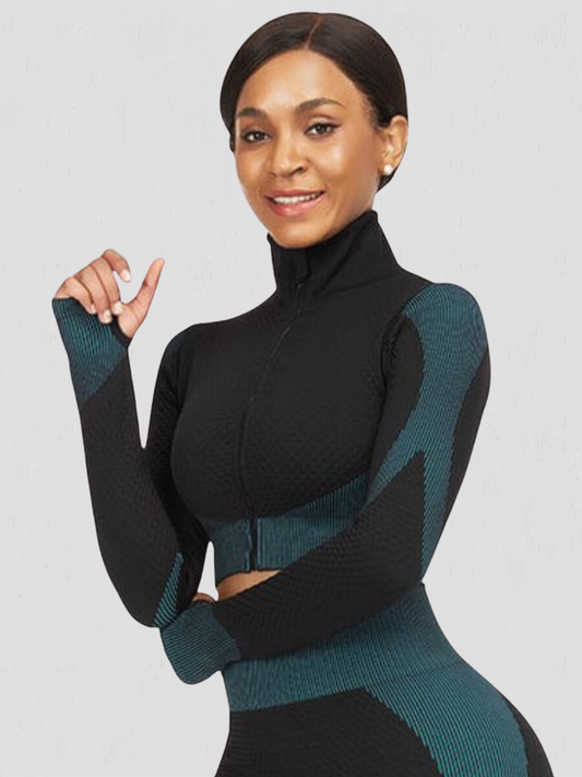 Cropped athletic set top with zipper stretchy jacket, workout outfit, athleisure, activewear, activewear sets, workout clothes for women, sweat-wicking, high compression, cellulite smoothing, BBL Jacket, plus size gym outfits, workout wear, gym wear, athletic outfits, nike, under armour, adidas, puma, champion, bombshell activewear, gymshark women, Girlfriend Collective, lululemon, Alo Yoga, Bandier, Athleta, Athletica, Fabletics, Revenge body, Black, teal, blue, Turquoise. 