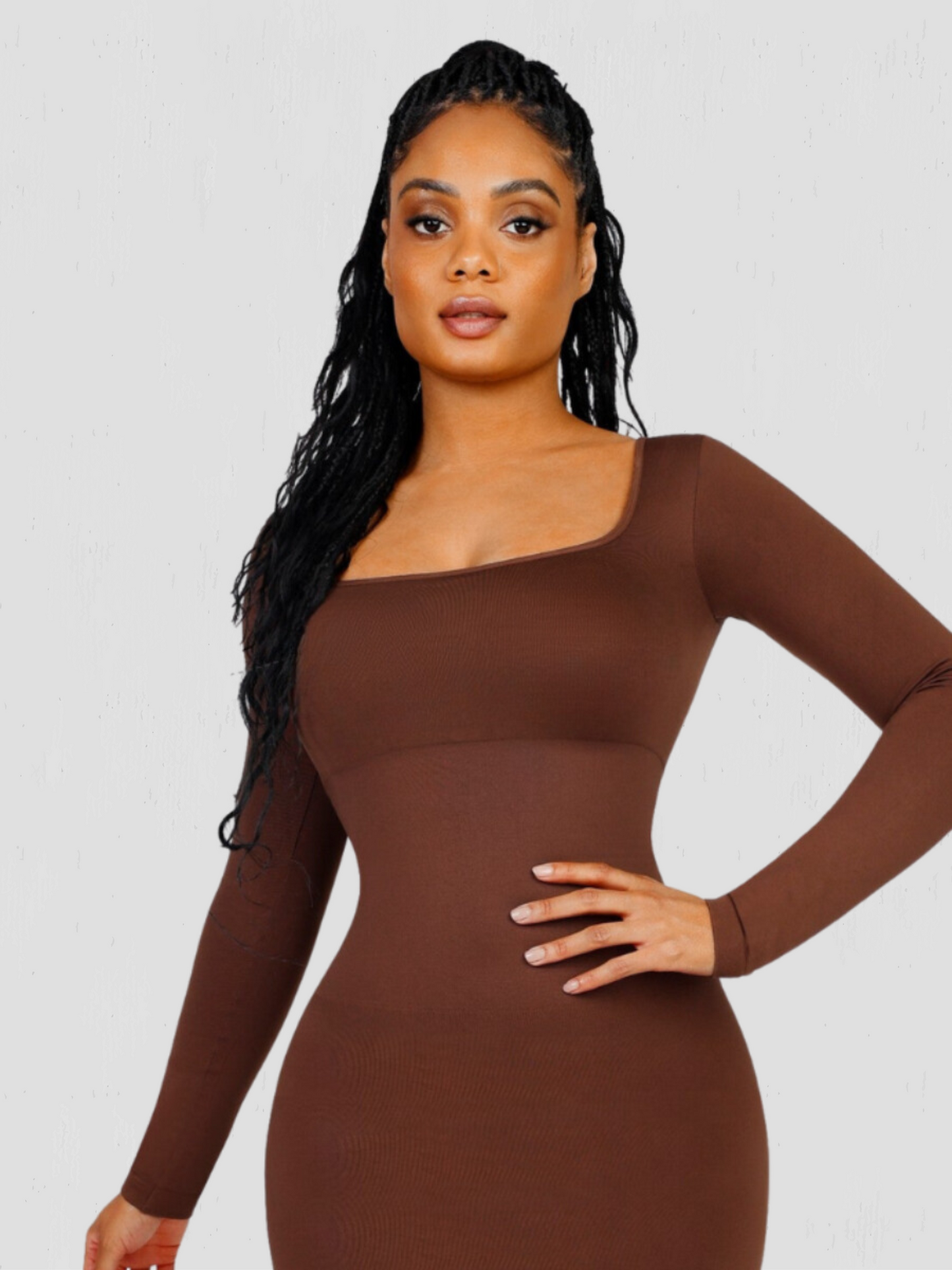 SKxN Luxe Built-in Shapewear Long Sleeves Ribbed Tummy Control Dress - Brown