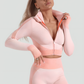 Cropped athletic set top with zipper stretchy jacket, workout outfit, athleisure, activewear, activewear sets, workout clothes for women, sweat-wicking, high compression, cellulite smoothing, BBL Jacket, plus size gym outfits, workout wear, gym wear, athletic outfits, nike, under armour, adidas, puma, champion, bombshell activewear, gymshark women, Girlfriend Collective, lululemon, Alo Yoga, Bandier, Athleta, Athletica, Fabletics, Revenge body, pink.