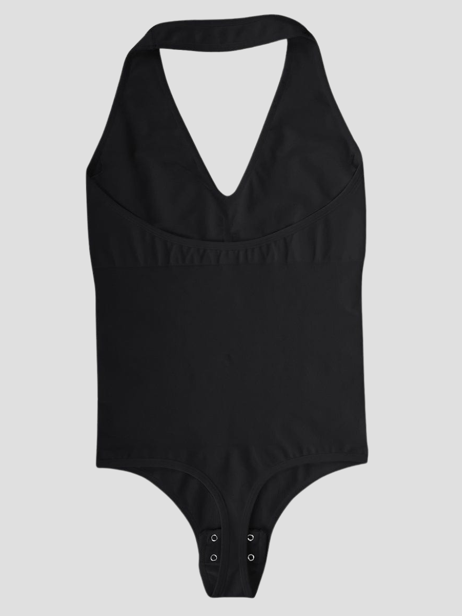 A black halter-style shapewear bodysuit with built-in removable bra padding and seamless thong design and a button crotch for convenience.