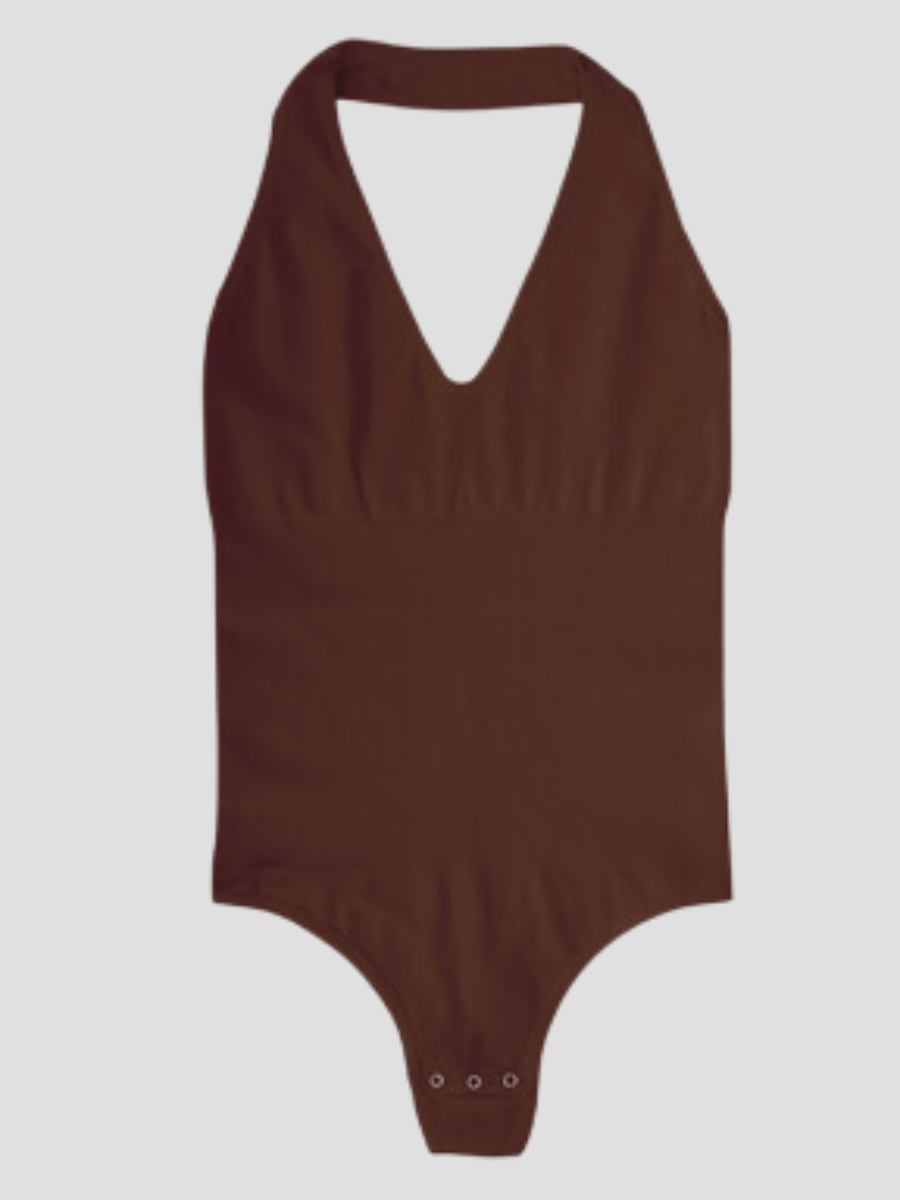 A brown halter-style shapewear bodysuit with built-in removable bra padding and seamless thong design and a button crotch for convenience.