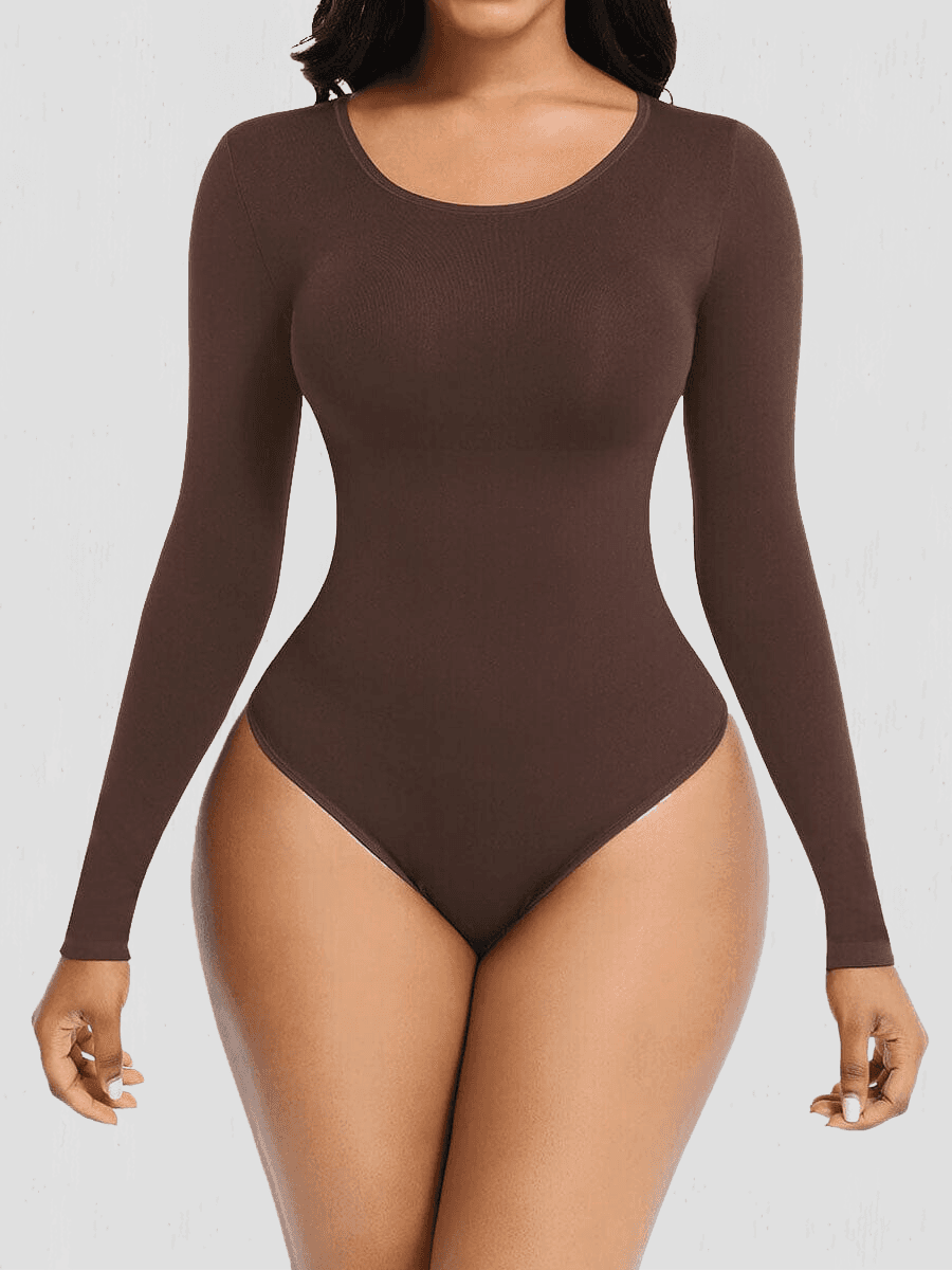 Woman wearing a brown long-sleeve sculpting bodysuit by BodyFlexx Shapewear.