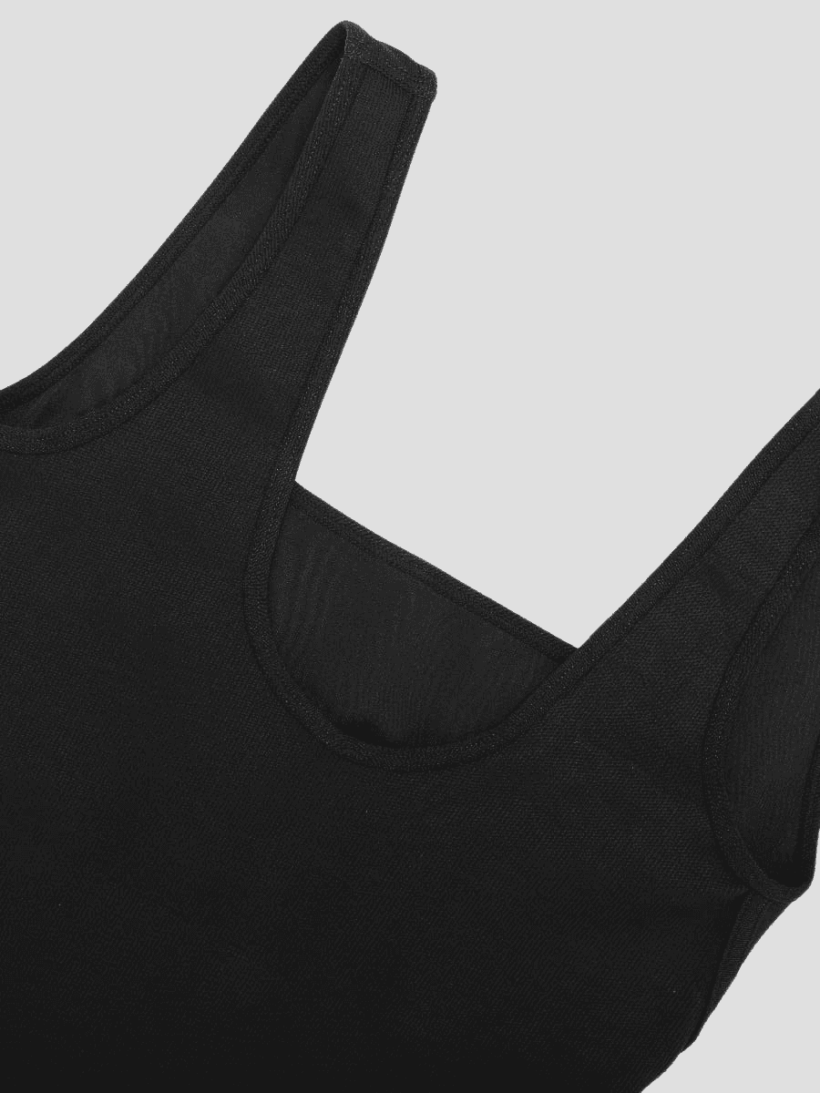 Close up of the square neckline on BodyFlexx Shapewear's Black Flared Shaping Jumpsuit.