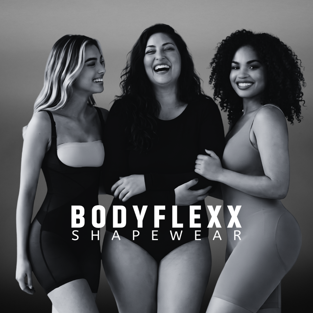 Three women modeling different shades of the BODYFLEXX Shapewear bodysuit collection in a monochrome studio setting, with the brand name 'BODYFLEXX SHAPWEAR' displayed prominently at the bottom.