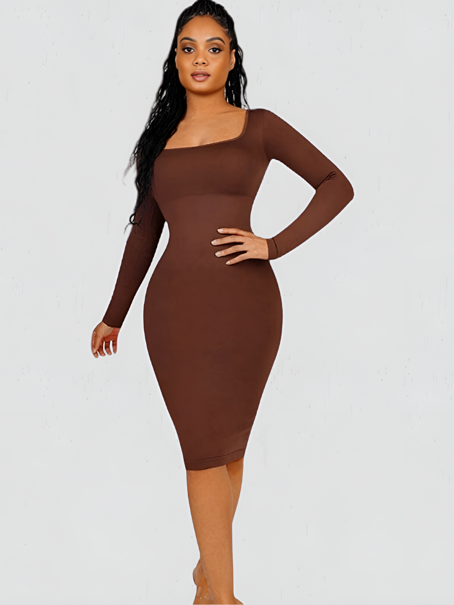 Magic Sculpt Built-In Shapewear Dress, Long Sleeve Chocolate