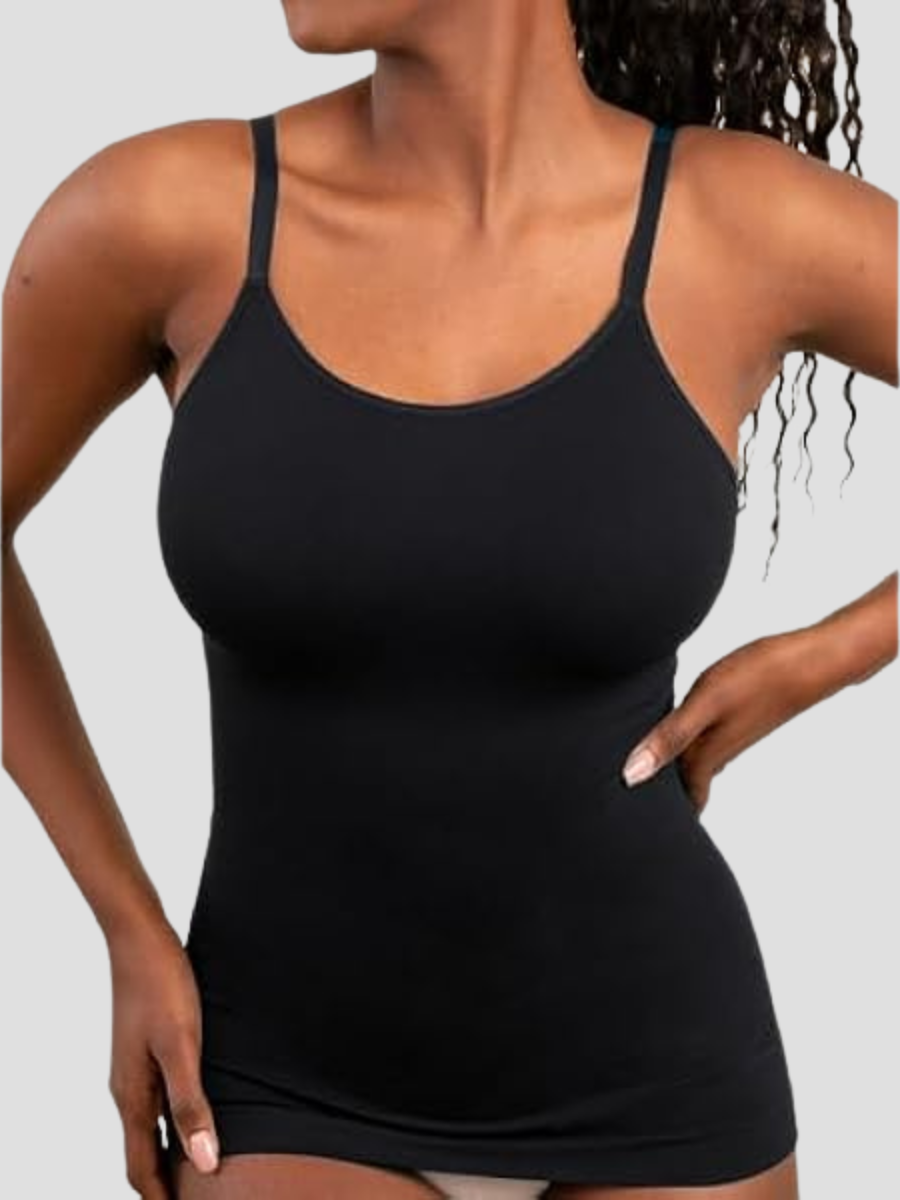 Cami Tank Top Shapewear Breast Support Tummy Control Shirt, Outerwear shapewear, shapewear outerwear, Waist cinching, Waist snatching, snatched, Hidden shapwear, built-in shapewear, shapewear technology, stretchy, compression, arm slimming, tummy control, body contouring, best shapewear for women, shapewear on sale, Canadian shapewear brand, skims, spanx, popilush, shapermint. Feelin girl.